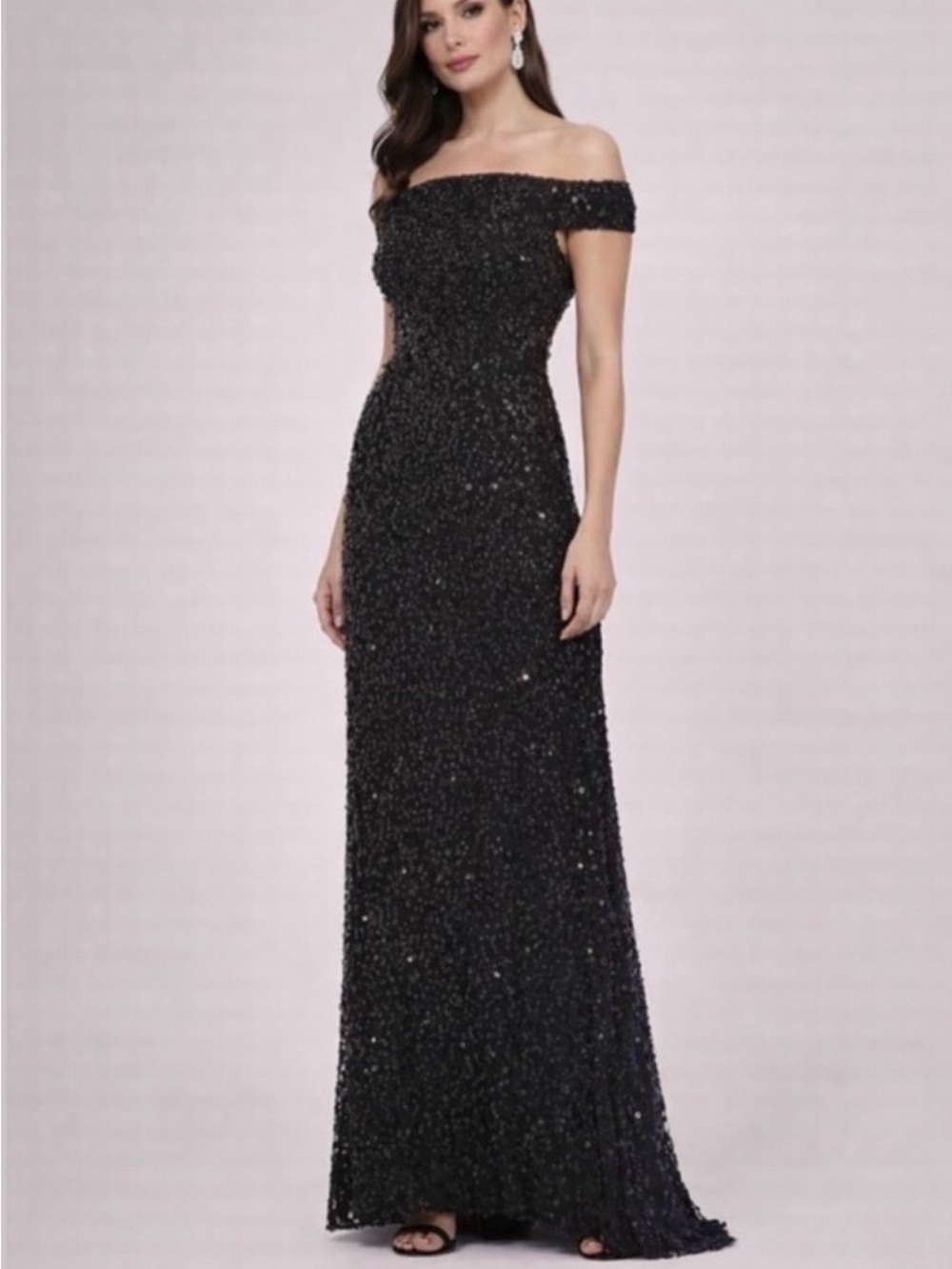 Adrianna Papell Black Off-the-Shoulder Sequin Evening Gown – Formal Maxi Dress